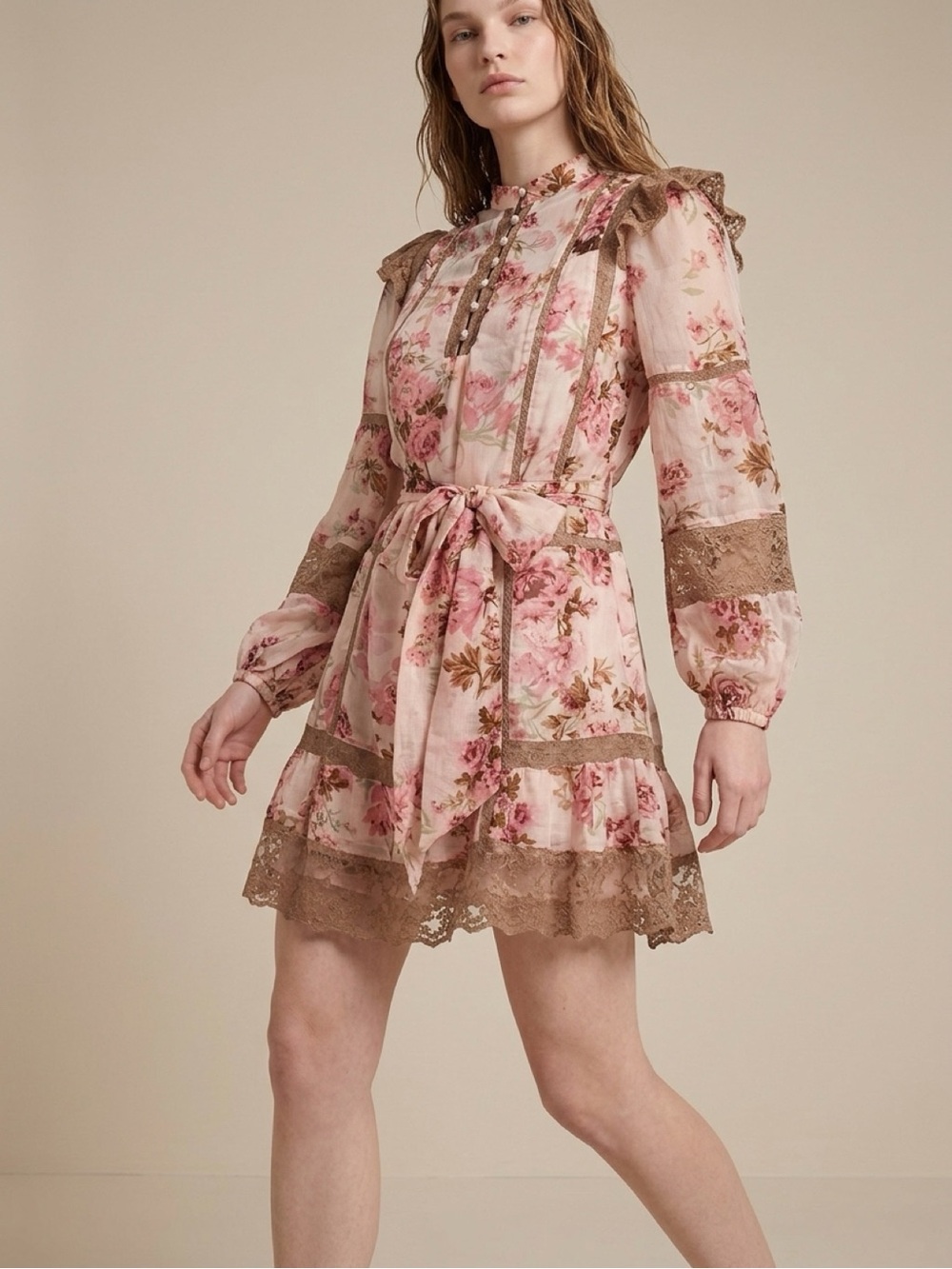Floral Pink and Brown Lace-Trim Midi Dress with Waist Tie